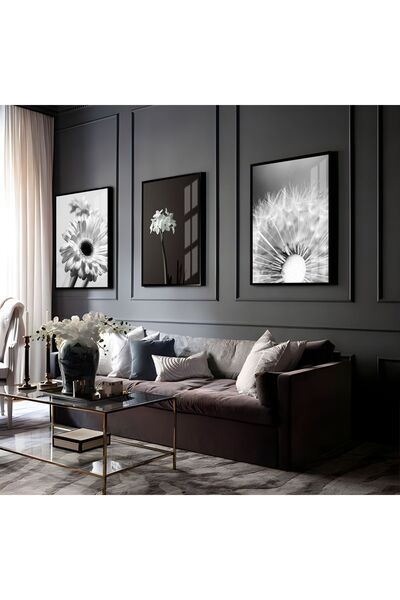 Harikabirev HARİKABİREV | COMBINAT DE FLORI ALB-NEGRU 01 | TABLO DE STICLA CU CADRU 3 PIESE VERTICAL
