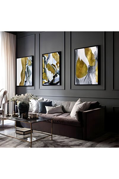 Harikabirev HARİKABİREV | COMBINAT ABSTRACT GRI-ALB-AUR 02 | TABLO DE STICLA CU CADRU 3 PIESE VERTICAL