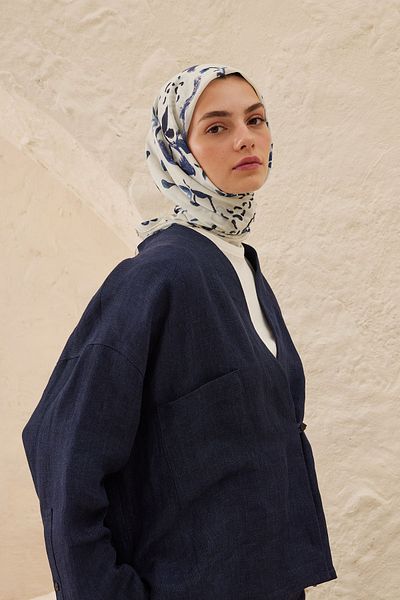 Fresh Blue Patterned Cotton Voile Scarf