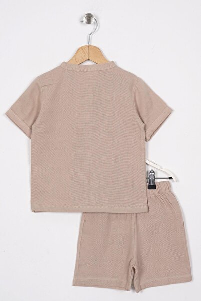 zepkids Crew Neck Short Sleeve Crew Neck Button Detailed Short Sleeve Beige Color Boy's Shorts Set