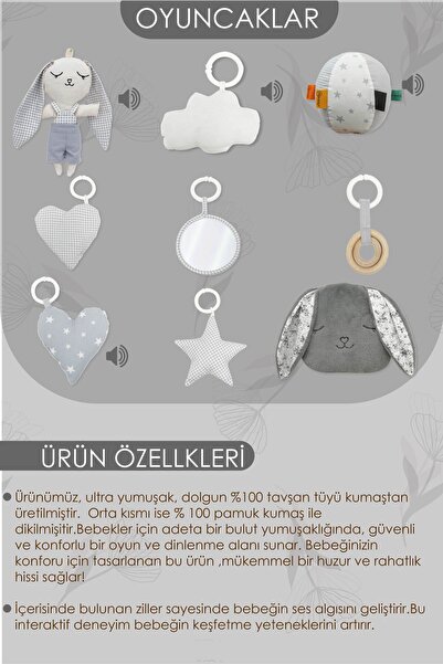 mordesign Bebek Oyun Alanı, Tavşanlı Bebek Aktivite Matı, Yumuşak Oyun Matı, Baby Gym Serisi, Gri