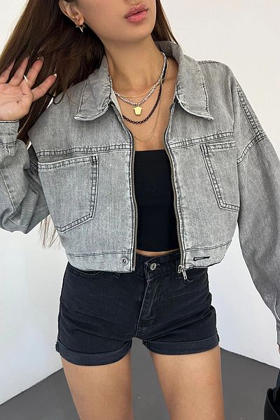 bacc Women's Gray Double Pocket Zippered Washed Crop Denim Jacket Bcdf- 235410