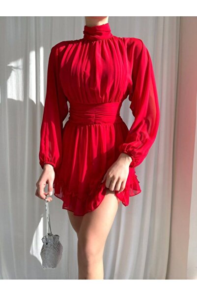 Mir Kar Dik Yaka Eteği Volanlı Kat Kat Şifon Elbise (DAR KALIP BİR BEDEN BÜYÜ...