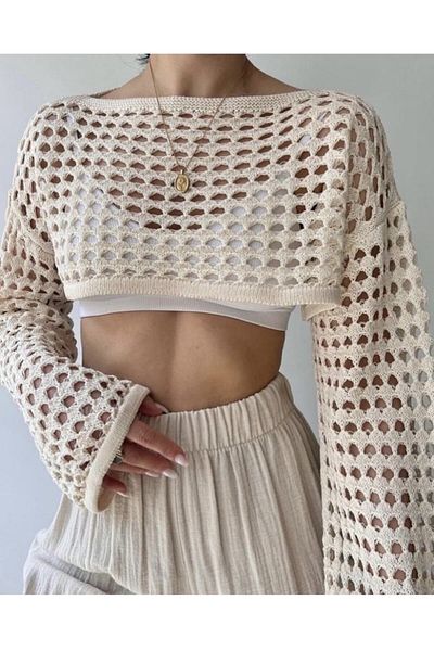 MAYEN MODA Γυναικεία κρεμ διάτρητη μπλούζα Crop