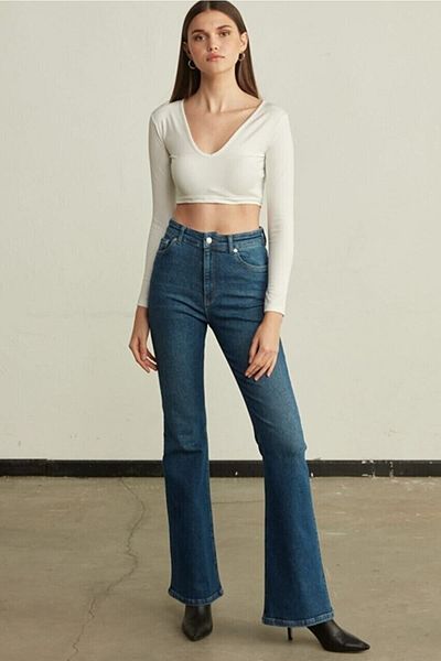 DRC trend Pantaloni de denim cu picior evazat albastru mediu Cocu Blugi spanioli cu talie înaltă compacti