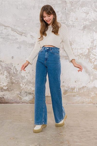 DRC trend Μεσαίο Μπλε Lycra - Σούπερ Ψηλόμεσο Χαλαρό Palazzo Jeans