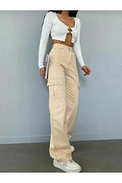 DRC trend Luna Beige Cargo Loose Back Pocketless Lycra Super High Waist Jean Trousers