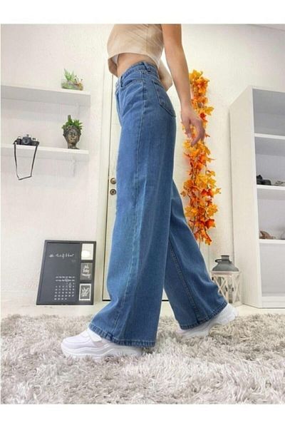 DRC trend Pantaloni Palazzo de blugi largi cu talie super înaltă din lycra albastru mediu