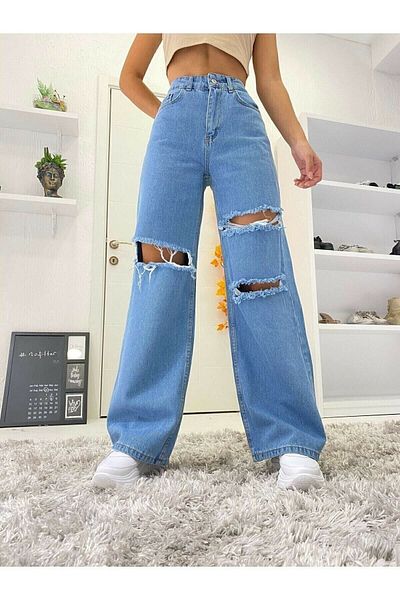 DRC trend Blugi largi cu talie super înaltă din Lycra albastru Pantaloni Palazzo cu detaliu rupt