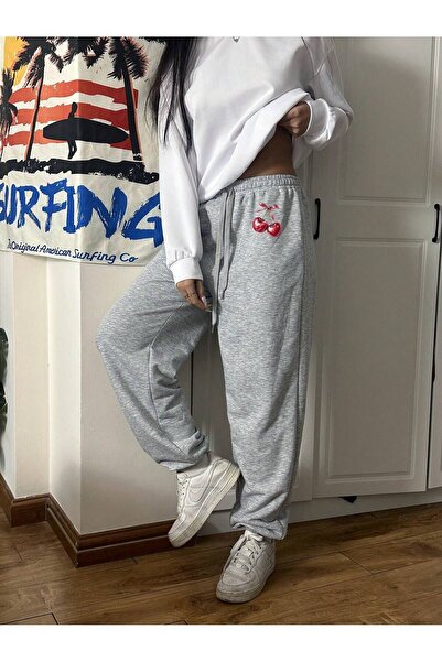 Mythologie Kiraz Kurdele Desen Eşofman Altı Jogger - Gri Baskılı Lastik Paça Yüksek Bel