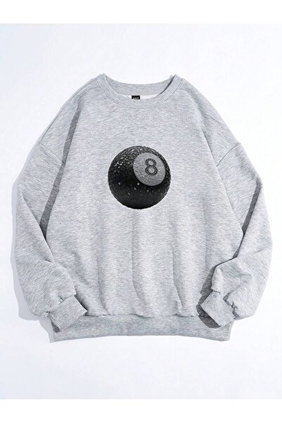 Mythologie 8 Ball Oversize Sweatshirt - Gray Printed, Crew Neck