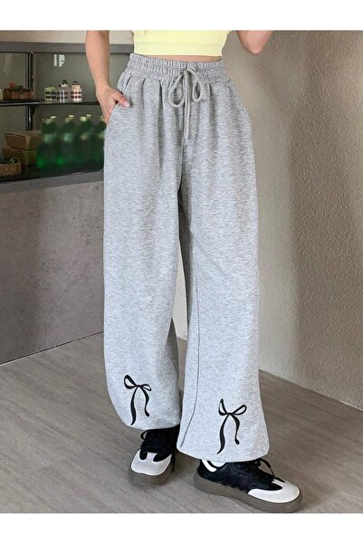 Mythologie Kurdele Paça Eşofman Altı Jogger - Gri Baskılı Lastik Paça Yüksek Bel