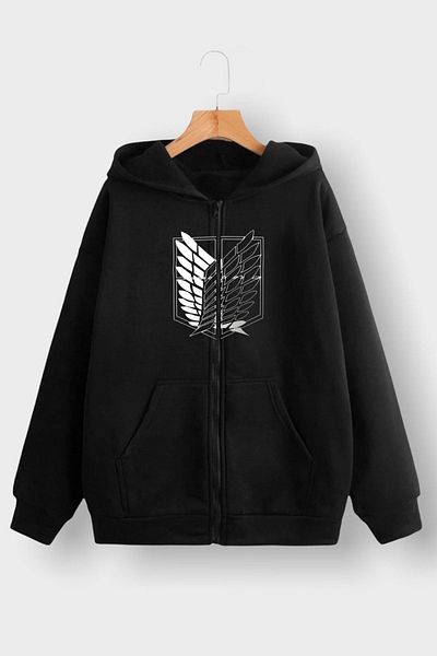 Mythologie Attack On Titan Thick Cardigan - Μαύρη εμπριμέ καλοκαιρινή υπερμεγέθη ζακέτα με κουκούλα και τσέπη με φερμουάρ