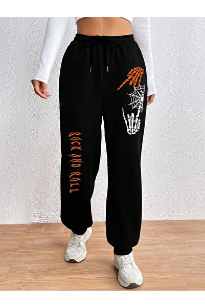 Trendglow Ψηλόμεσο Rock And Roll Skeleton Printed Jogger Sweatpants - Μαύρο Χειμώνα