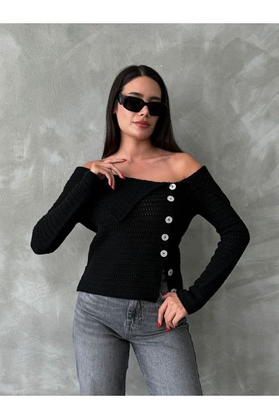 Molly Nelly Women's Shoulder Low-Cut Boat Neck Side Buttoned Knitwear Cardigan