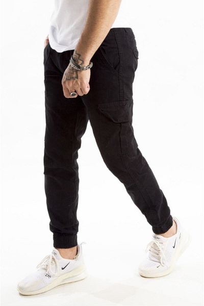 DeepSEA Men's Black Elastic Waist and Leg Cargo Pants - Slim Fit 1601569