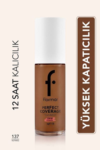 Flormar Perfect Coverage Yoğun Kapatıcı Su Bazlı Fondöten (Sıcak Alt Ton) -137 Nutmeg-8682536070676