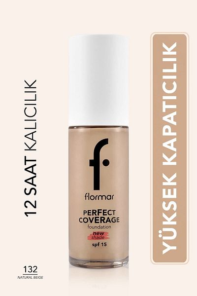 Flormar Perfect Coverage Yoğun Kapatıcı Su Bazlı Fondöten (NÖTR ALT TON) -132 Natural Beige -8682536070577