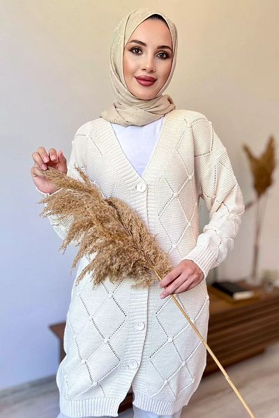 julude Hijab Tricotat Crem Femei Tricotaj Cardigan