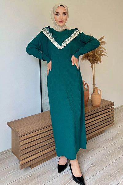 julude Σμαραγδένιο Πράσινο Ριγέ Πλεκτό Φόρεμα Hijab - Crew Neck και Λεπτομέρεια Φιστό