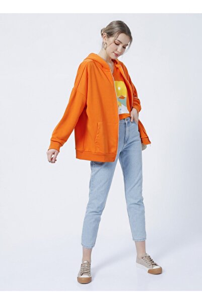 Fabrika Kapüşonlu Geniş Fit Düz Turuncu Kadın Sweatshirt - Tatam