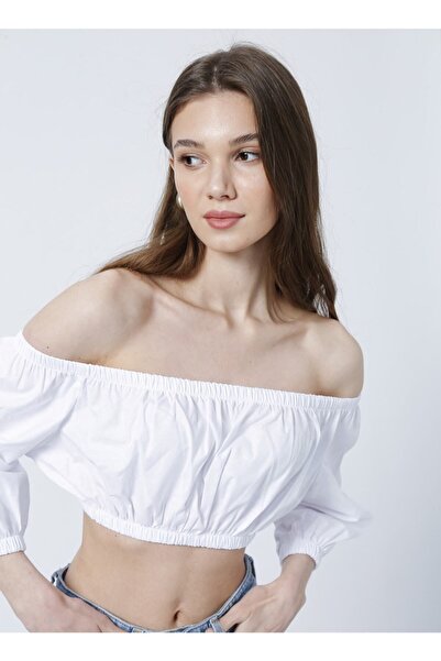 Fabrika Straplez Crop Düz Beyaz Kadın Bluz - Andre