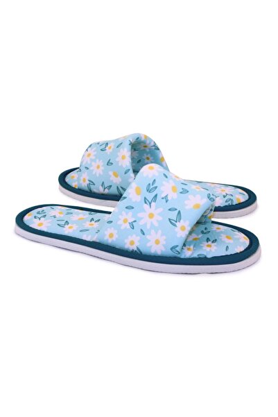 Chochili Papuci de casă pentru femei, albastru, cu model floral, cu talpă moale, deschisă în față
