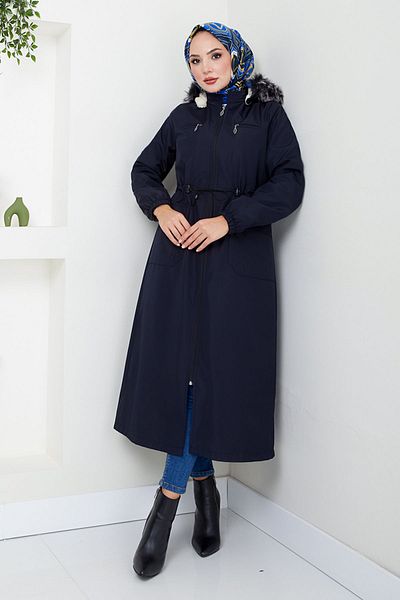 ModaMerve Furry Hooded Bondit Trench Coat - Mss0831-M Navy