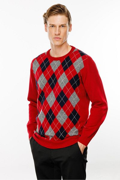 Desen Triko Men's Sweater - Null Collar, Diamond Pattern, Red