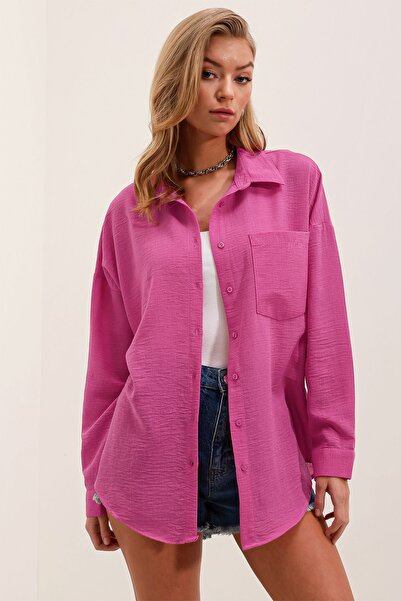 Bigdart 20153 Tek Cepli Oversize Keten Gömlek - A.Fuşya