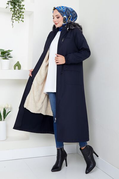 ModaMerve Trenci Bondit cu glugă din blană - MSS0831-M Navy