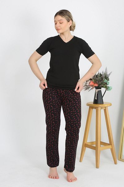 Akbeniz Set pijamale negre pentru femei - mânecă scurtă, bumbac pieptănat, 4214