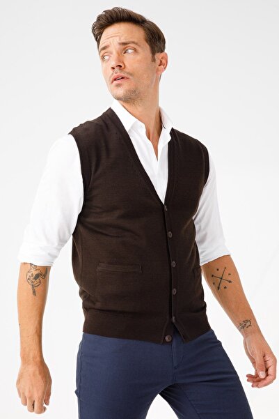 Desen Triko Мъжки елек с джобове, тъмнокафяв