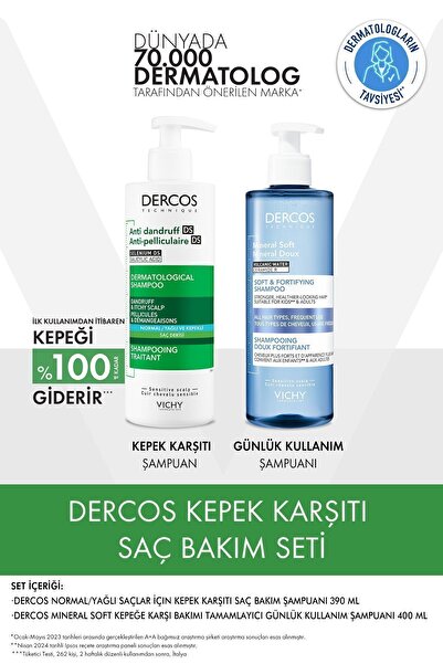 Vichy Dercos Normal/Yağlı Saçlar İçin Saç Bakım Seti: Kepek Karşıtı Şampuan& Mineral Soft  Bakım Şampuan