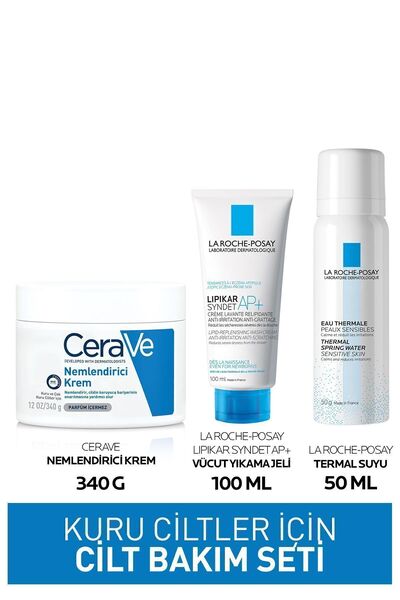 CeraVe Cilt Bakım Seti: Cerave Nemlendirici Krem 340gr&La Roche-Posay Lipikar Syndet 100ML&Termal Su 50ML