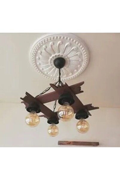 Özcan Life , Rustik Vintage 4lü Ahşap Sarkıt Avize, E27 Duylu