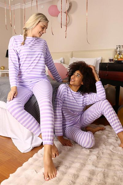Akbeniz Long Sleeve Striped Women's Combed Cotton Pajama Set - 4175