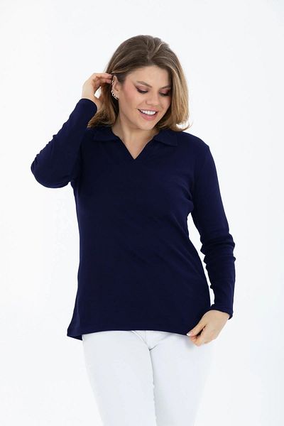 BANEGA Plus Size Navy Blue Blouse - Curve V-Neck, Cotton and Lycra, Long Sleeve
