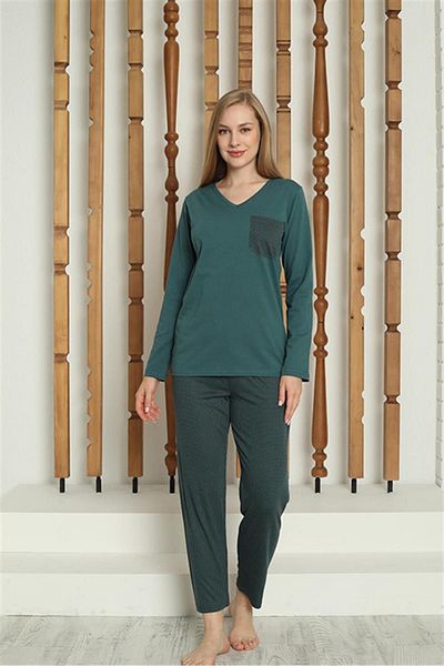 Akbeniz Set pijamale de damă din bumbac pieptănat cu mâneci lungi - 4146
