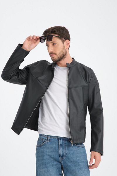 Black Level Men's Fit Fit Biker Coat Plain Racer Jacket College Coat