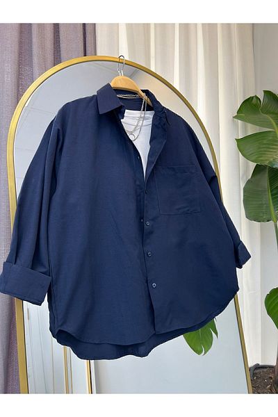 modabetce Oversize Balonkol Navy Blue Women's Shirt010