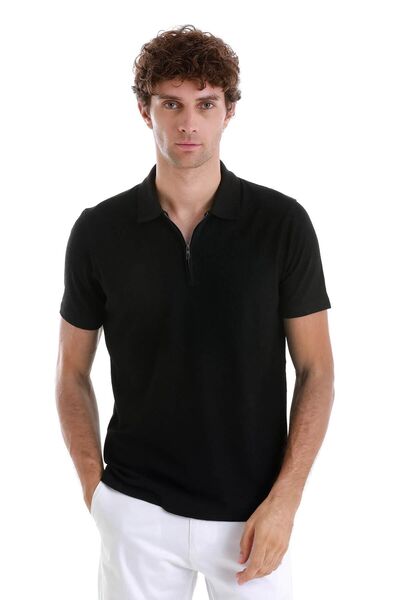 Hatemoğlu Black Regular Fit Jacquard Polo Collar Zippered T-Shirt
