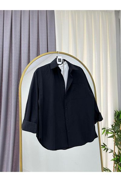 modabetce Shirt Black Oversize Balloon Sleeve Pleat Detailed Long Basic Women's Shirt