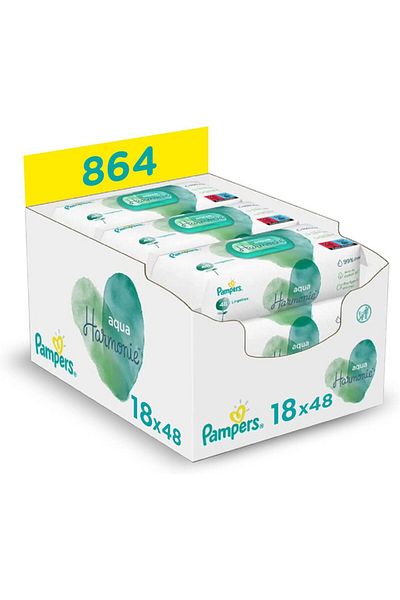 Pampers Aqua Harmony Wipes, 99% Water, Fragrance & Alcohol-Free, 6x144 (864 Total).