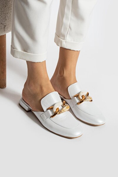 FOLLİNİ Χρυσές Δερμάτινες Γυναικείες Παντόφλες - Με Λεπτομέρεια Αξεσουάρ