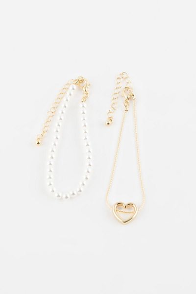 DeFacto Goldfarbenes 2-teiliges Damenarmband mit Herzen und Perlen - C8905axns