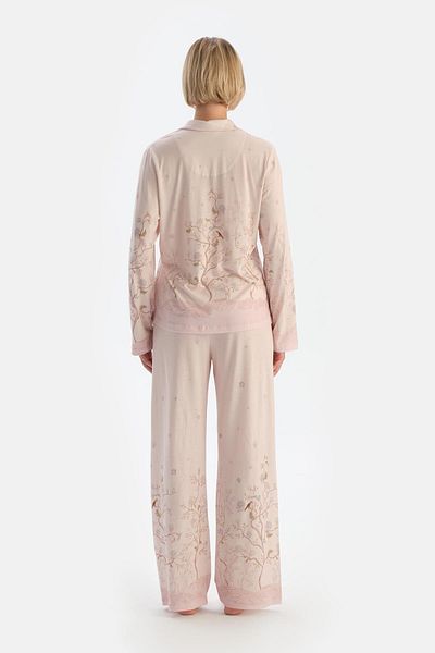 Dagi Light Pink Floral Patterned Combed Cotton Modal Shirt and Pants Pajamas Set