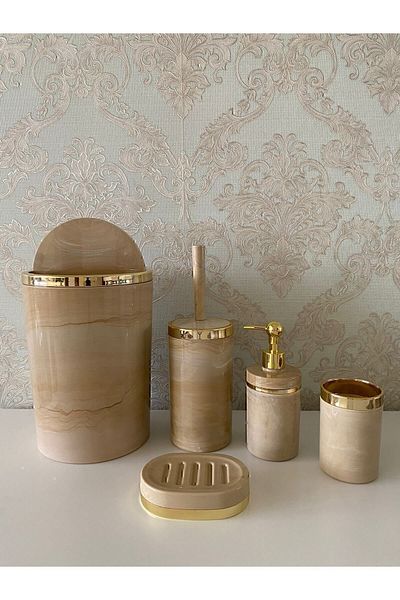 Trend Banyo Mutfak طقم حمام كريمي بنمط رخامي / حامل فرشاة المرحاض، سائل - موزع صابون صلب، سلة المهملات، حامل فرشاة الأسنان