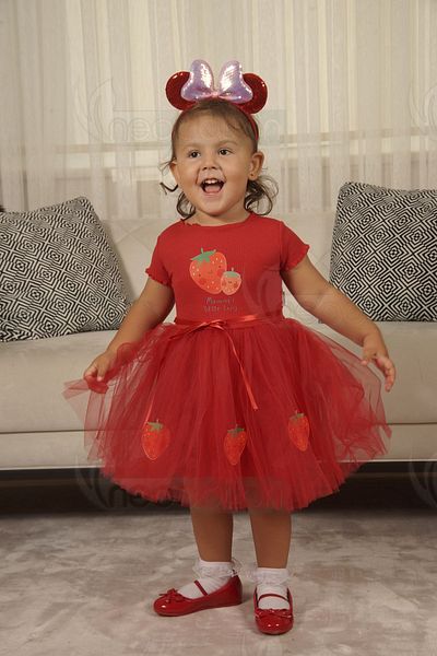 neocotton Girl's Dress - Strawberry Print, Layered Tulle and Rib Fabric