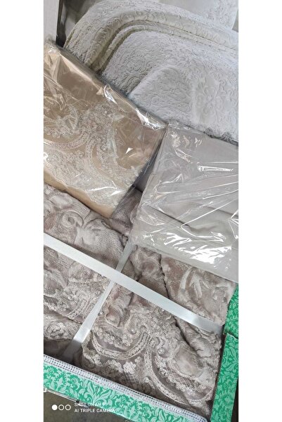 Kelebek Kahverengi Çift Kişilik Fransız Güpürlü Battaniye Set, Çeyizlik Battaniye Seti